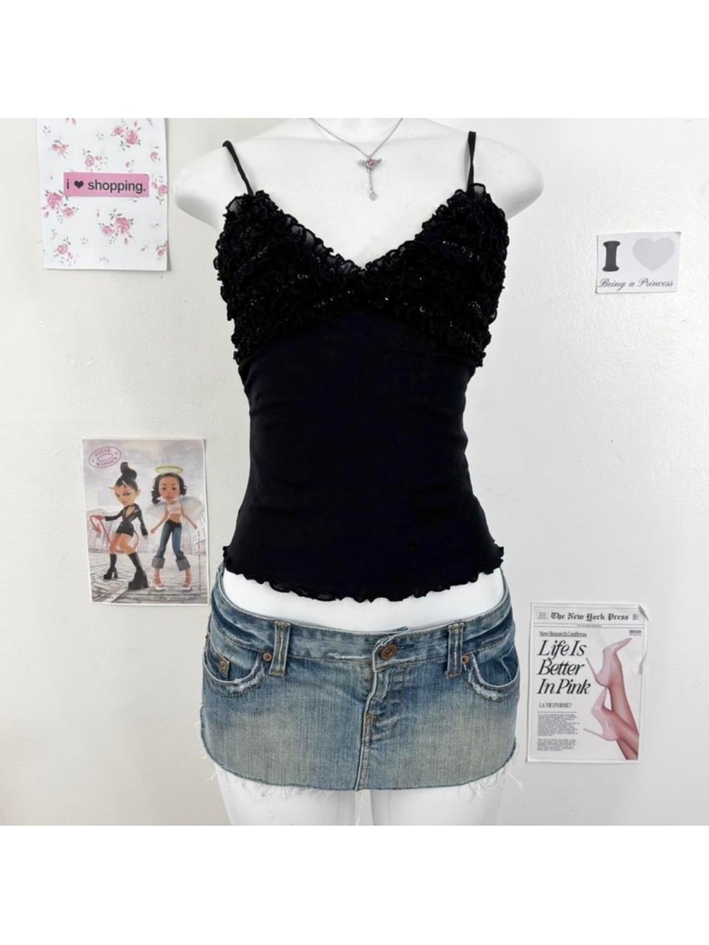 Black Lace-Trim Spaghetti Strap Cami Top - Women's